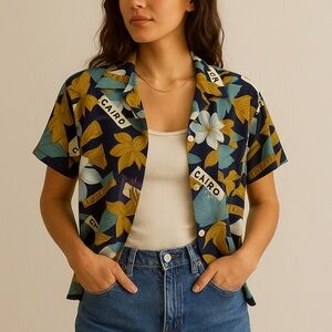 NWT VINTAGE MARJORIE HAMILTON Short Sleeve Travel Print Blouse M